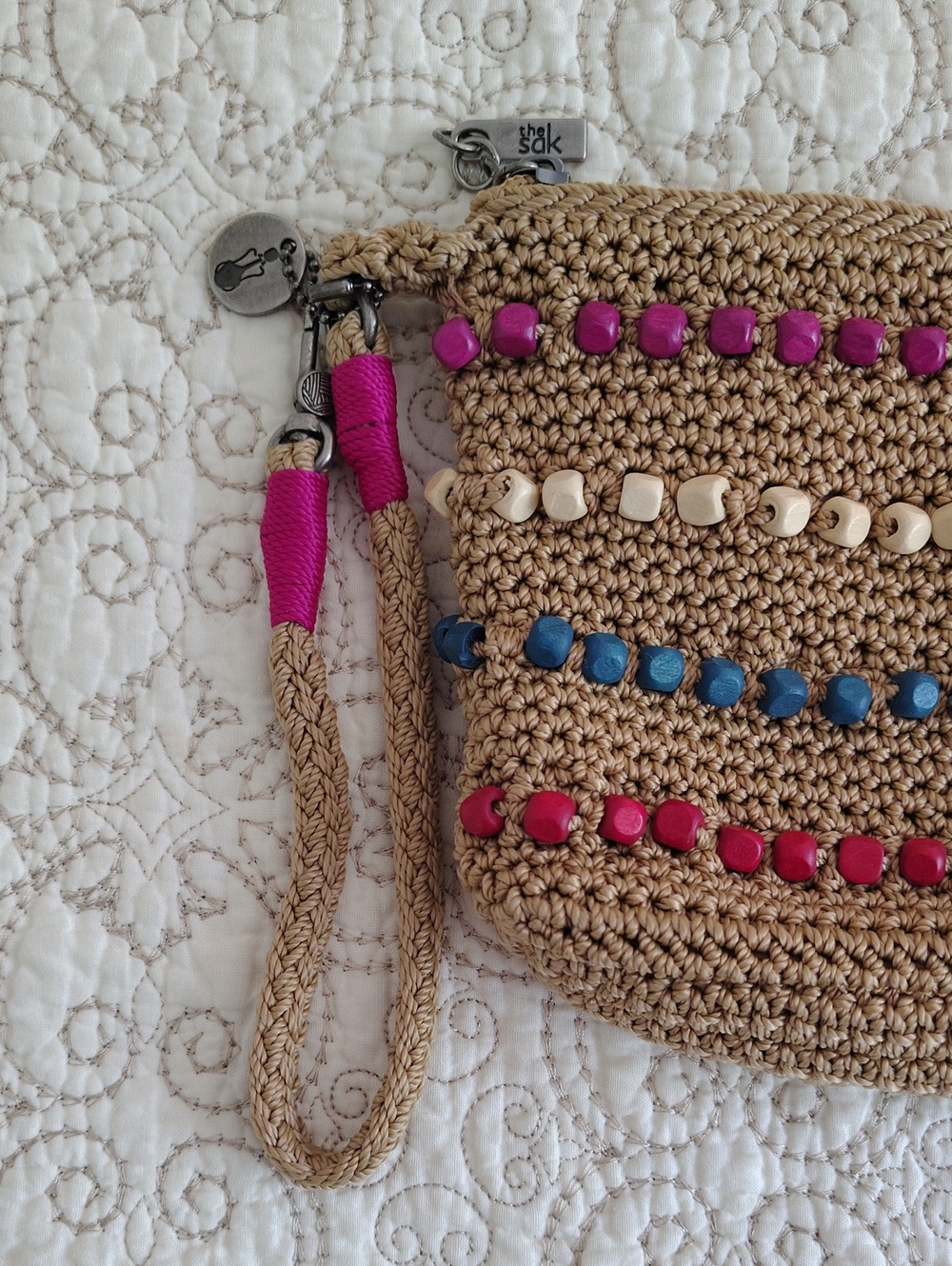 The Sak Sayulita Crochet Wristlet Pouch Purse Boho Wooden Beads Pink Blue - Picture 4 of 15